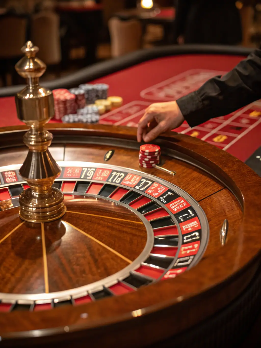 A sophisticated image displaying a roulette wheel in motion at fogo 777, surrounded by betting chips and a luxurious casino setting, capturing the anticipation of the game.