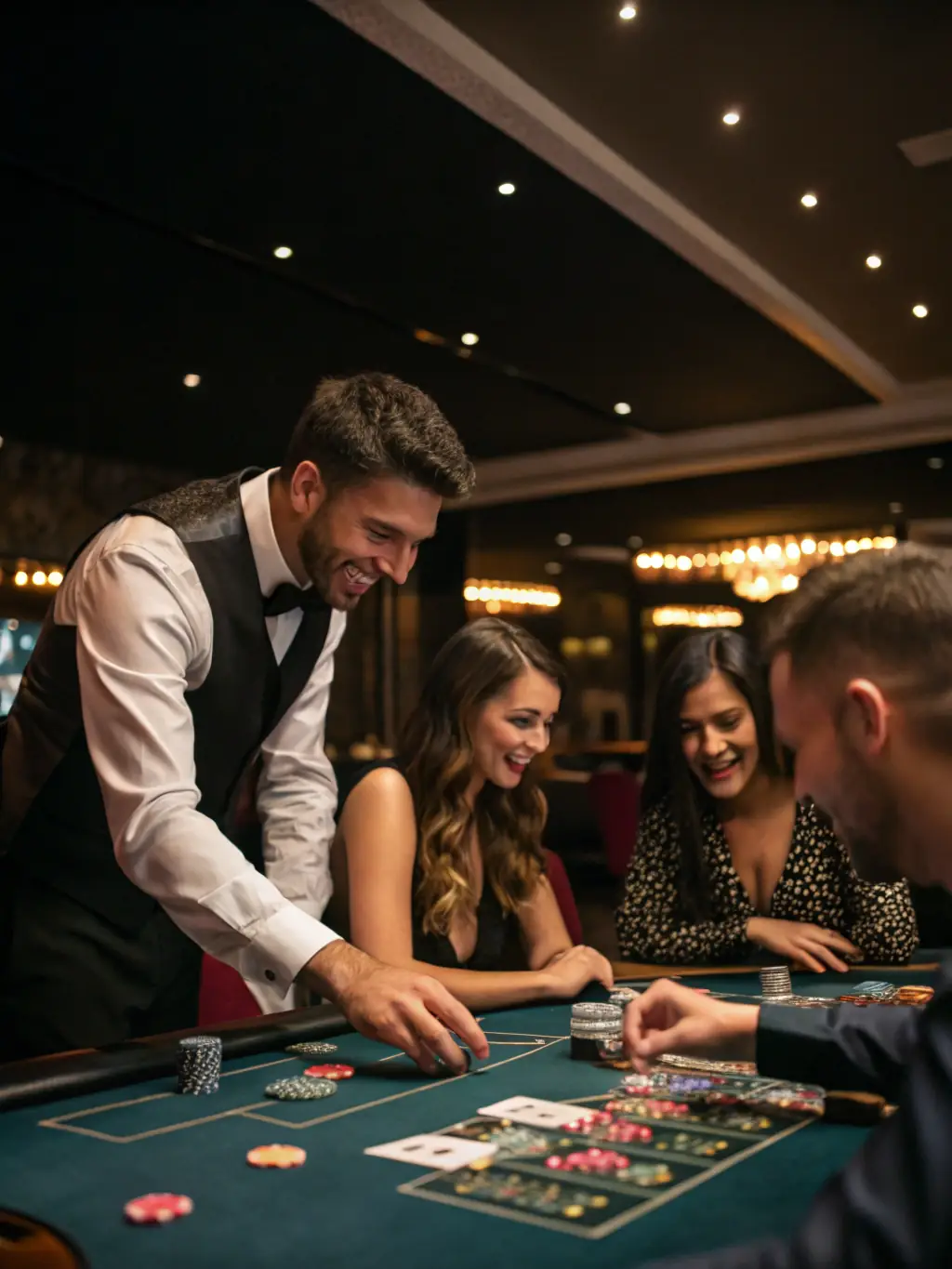 An elegant image depicting a live dealer at a blackjack table in fogo 777, with players engaged in the game, creating an atmosphere of real-time excitement and interaction.